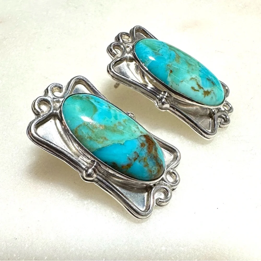 Jay King Turquoise Cabochon Scrollwork Sterling Silver Post Earrings